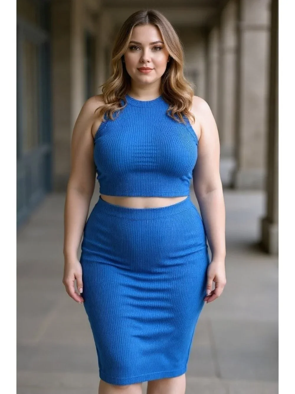 No Boundaries Ribbed Knit 2-Piece Set Top XXL 20 Skirt L 12-14 Blue Stripe